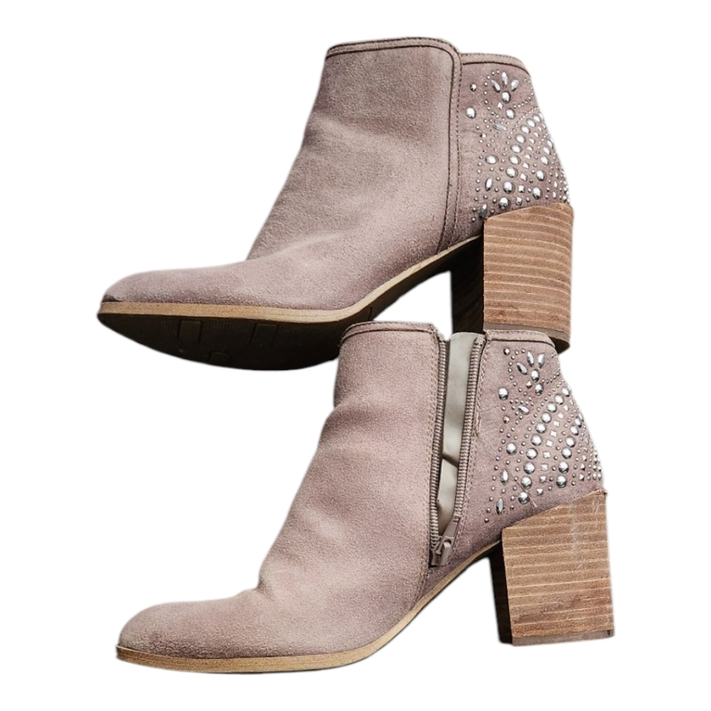 Fergie Bless Ankle Booties Size 8 Suede Taupe Chunky Heel Studded